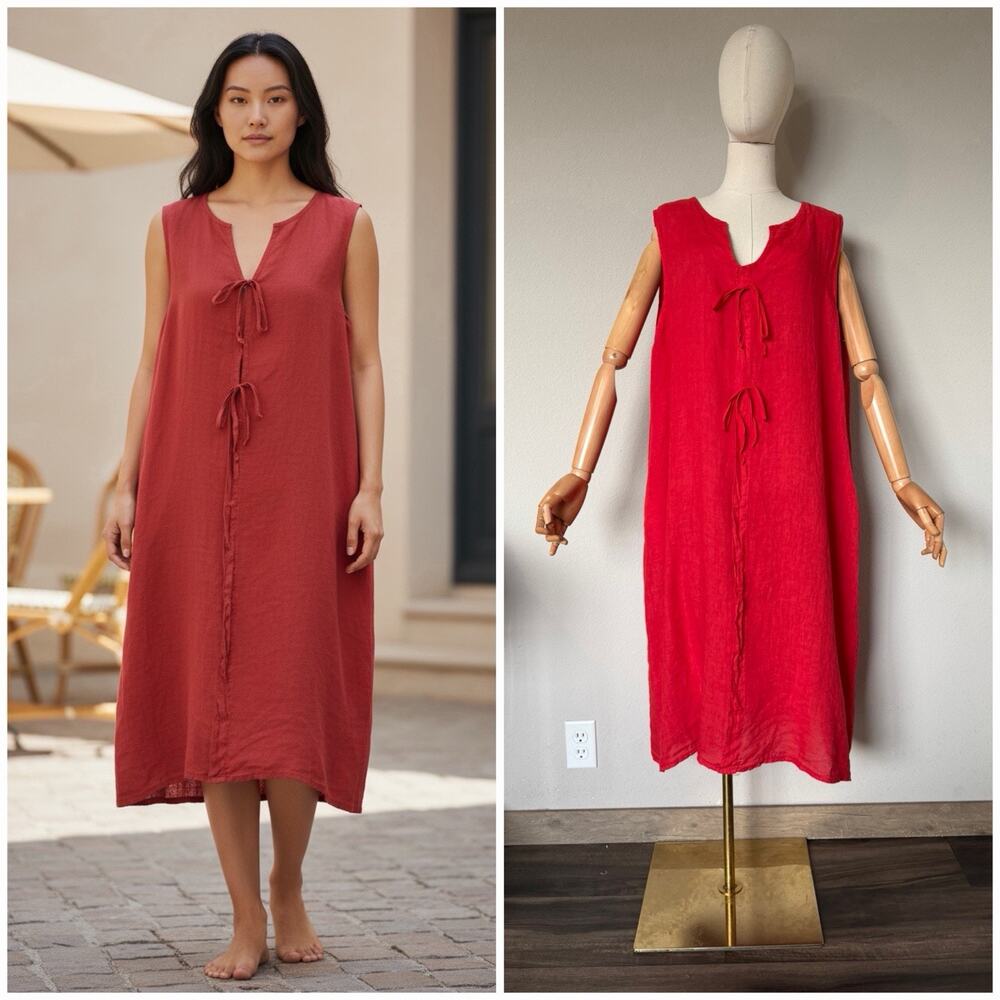 Made in Italy OS Red 100% Linen Sleeveless Shift Dress Lagenlook Arty Beach